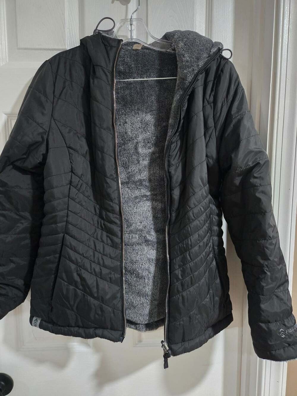Free Country Quilted Jacket Size S Black Faux Fur Hooded Coat